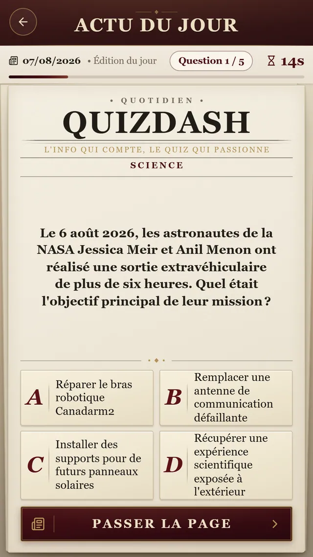 Écran Actu du jour de QuizDash, mis en page comme un journal quotidien.