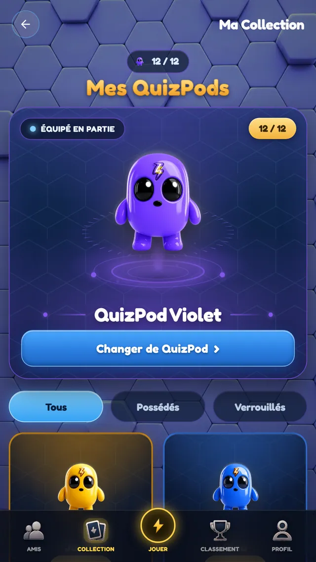 Collection de QuizPods de QuizDash : personnages à équiper et débloquer.