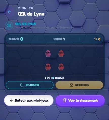 Mini-jeu Œil de Lynx de QuizDash : repérer la pastille différente.