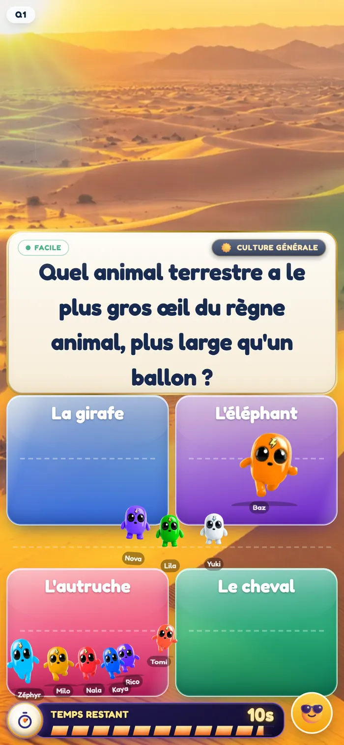 Écran de jeu QuizDash : une question de culture générale, quatre réponses colorées et des QuizPods posés sur leurs choix.