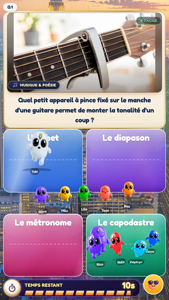 Écran de jeu QuizDash : une question de musique illustrée d'une photo, avec quatre réponses colorées.