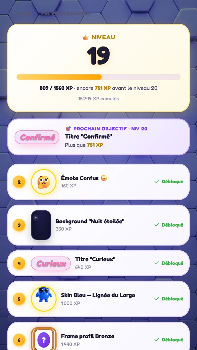 Écran de progression de QuizDash : niveau, XP et récompenses débloquées.